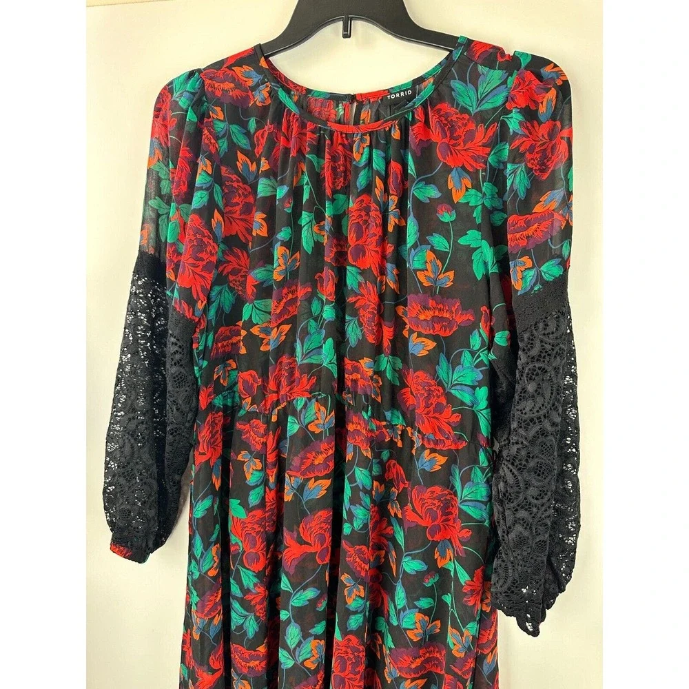 *Read* Torrid SHEER Maxi Peasant Dress Chiffon Floral *Minus Belt Plus Size 2 2X - Picture 12 of 14